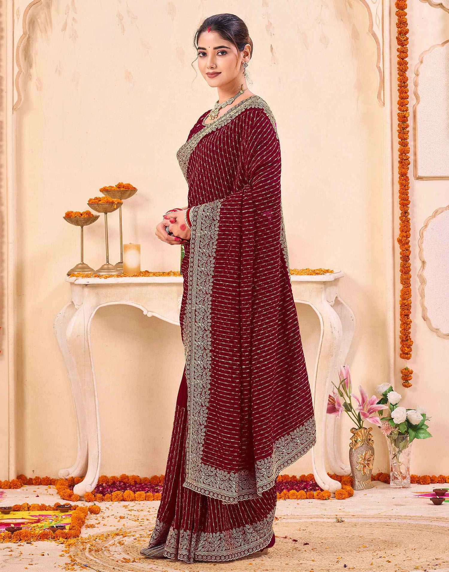Dark Red Silk Embroidery Embellished Saree