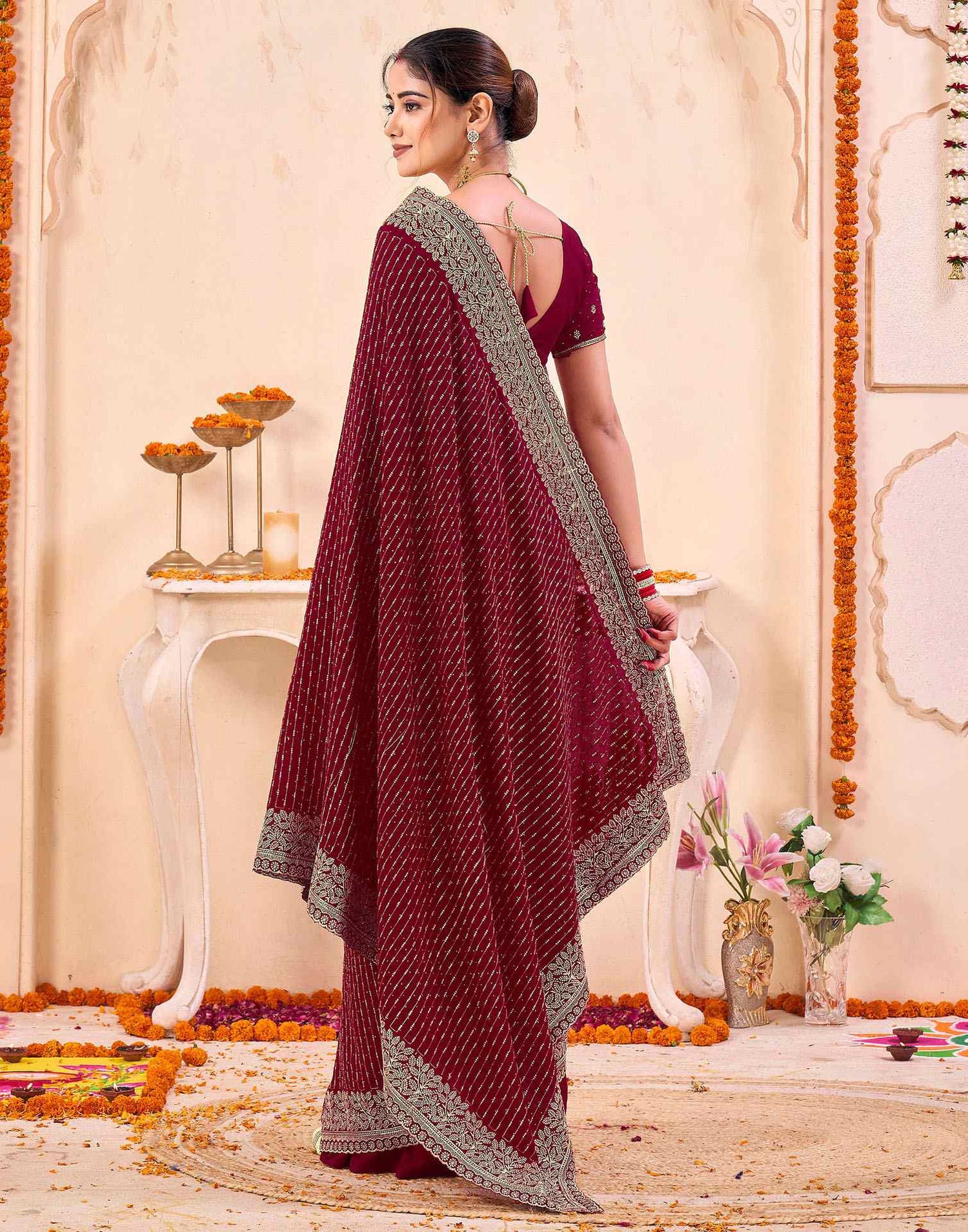 Dark Red Silk Embroidery Embellished Saree