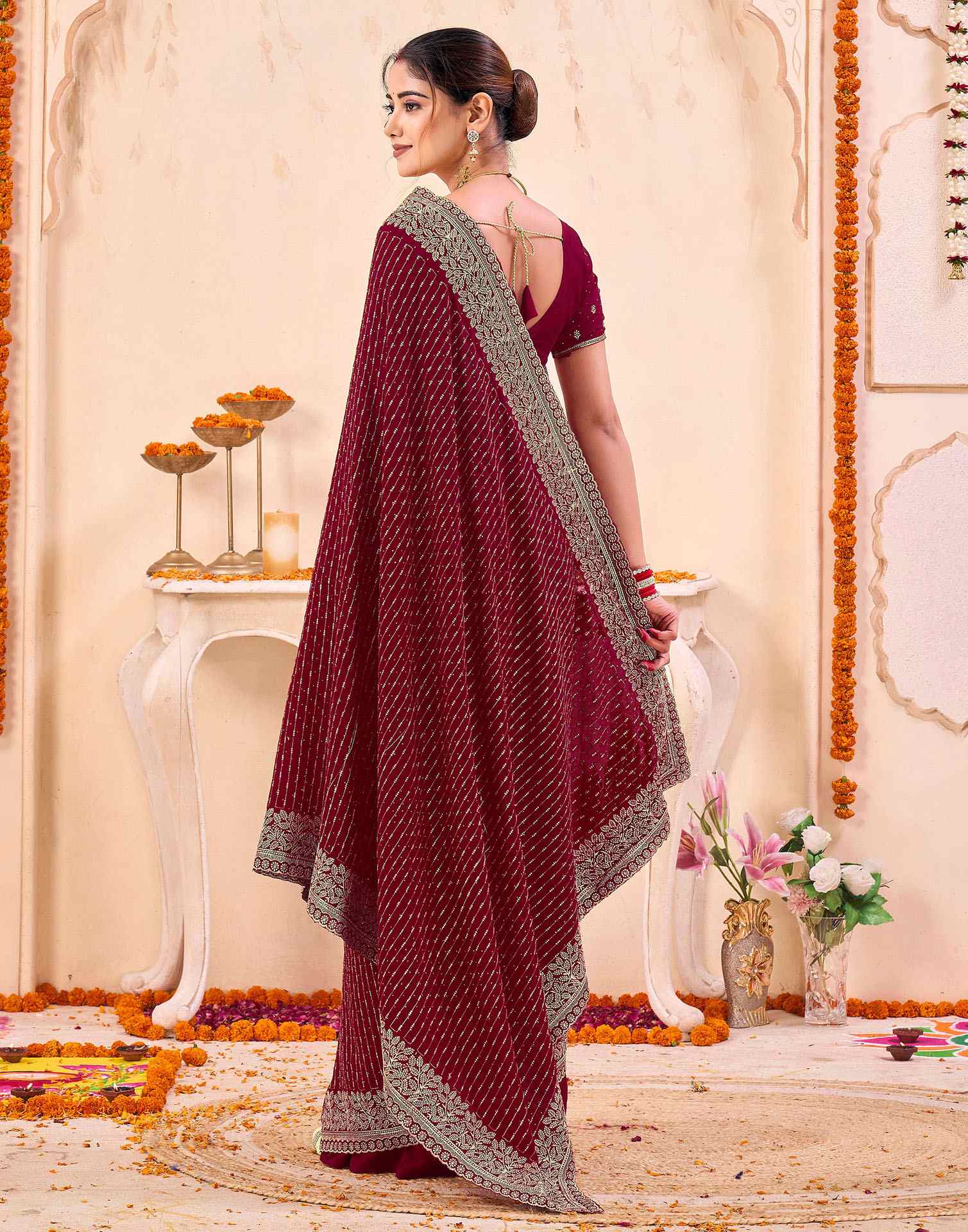 Dark Red Silk Embroidery Embellished Saree