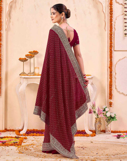 Dark Red Silk Embroidery Embellished Saree