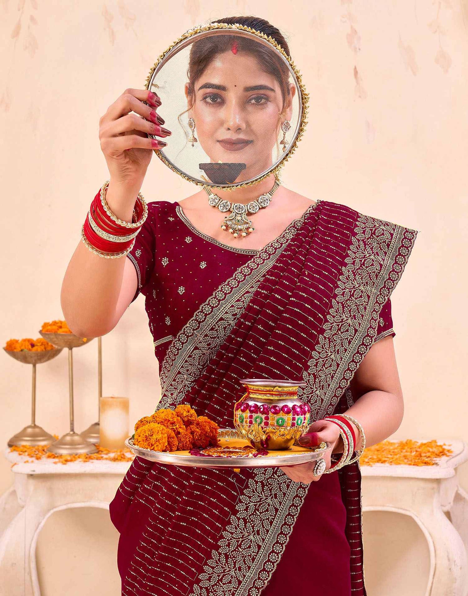 Dark Red Silk Embroidery Embellished Saree