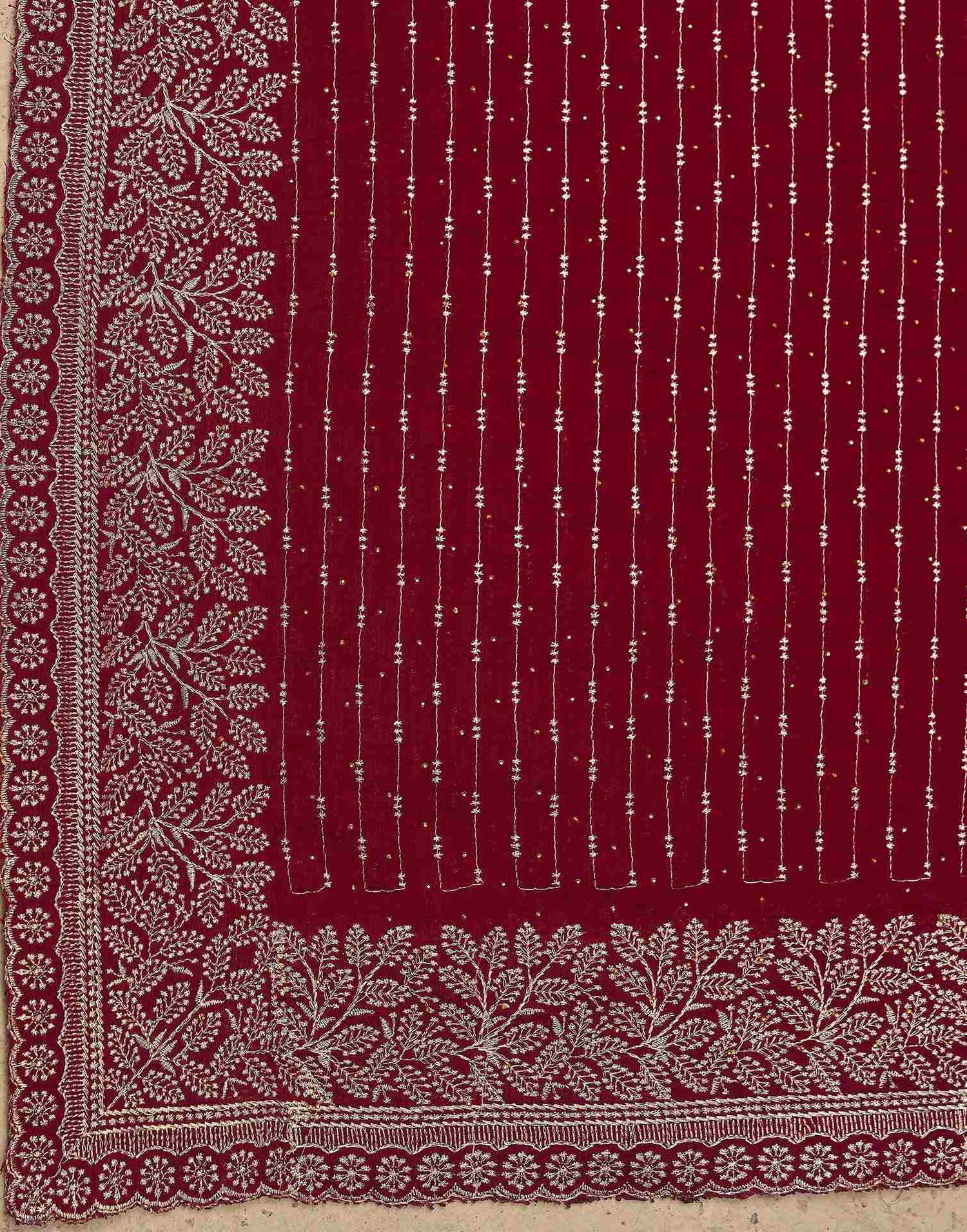 Dark Red Silk Embroidery Embellished Saree