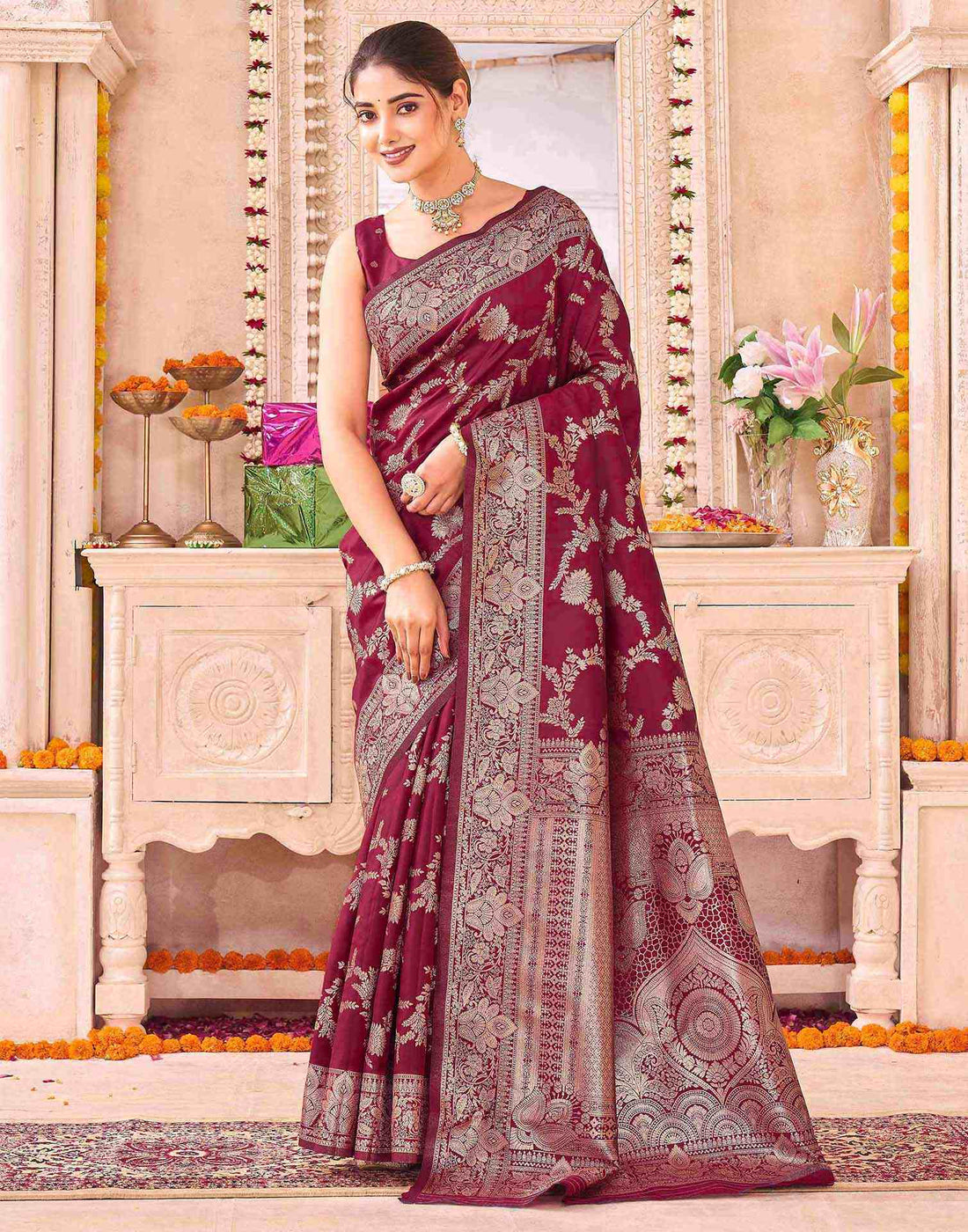 Maroon Silk Woven Banarasi Saree