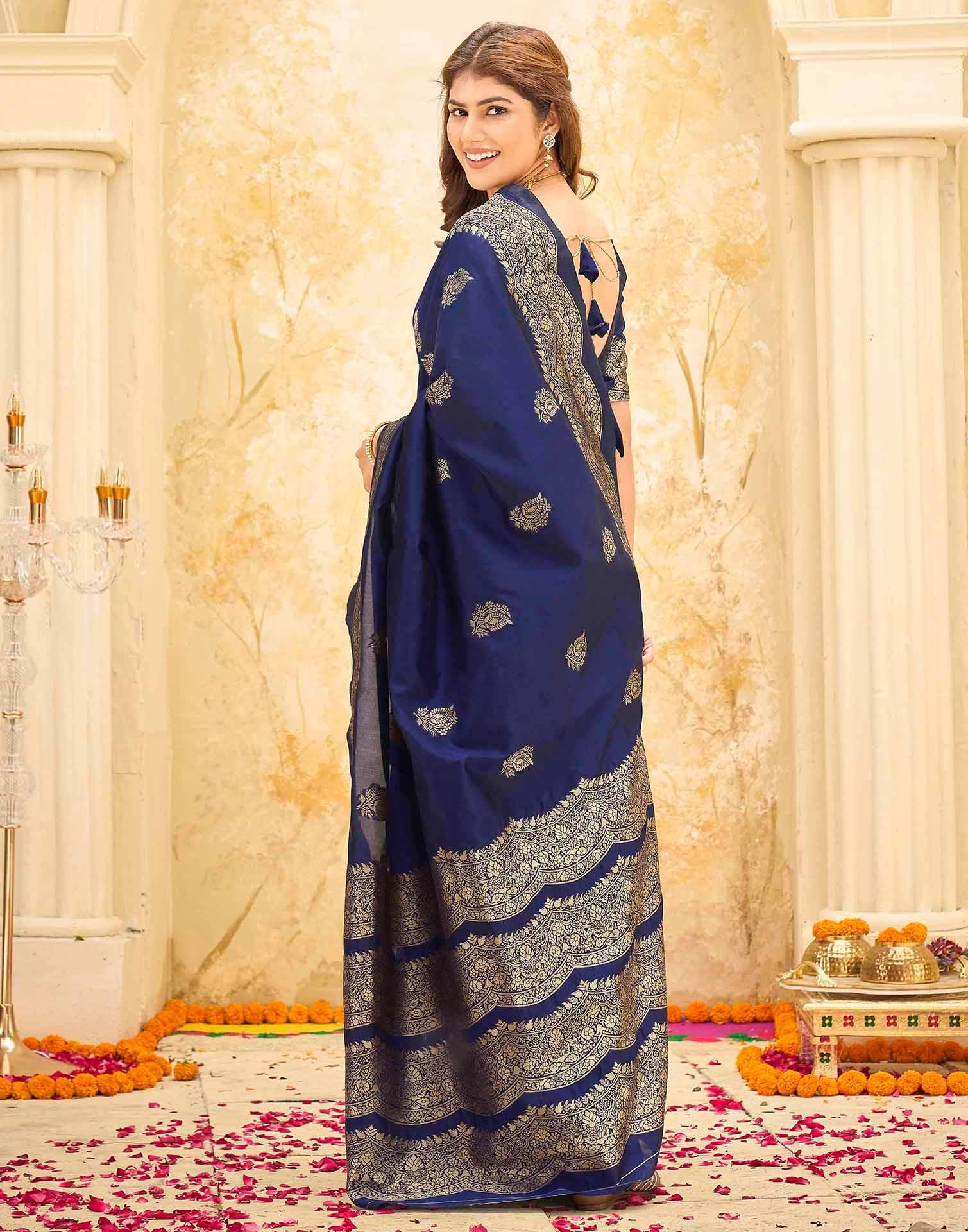 Navy Blue Silk Woven Saree