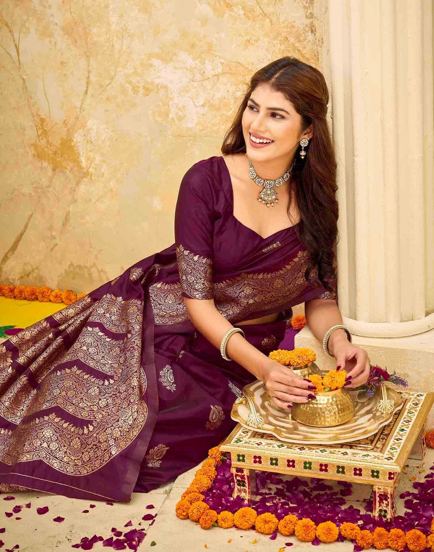 Maroon Silk Woven Saree