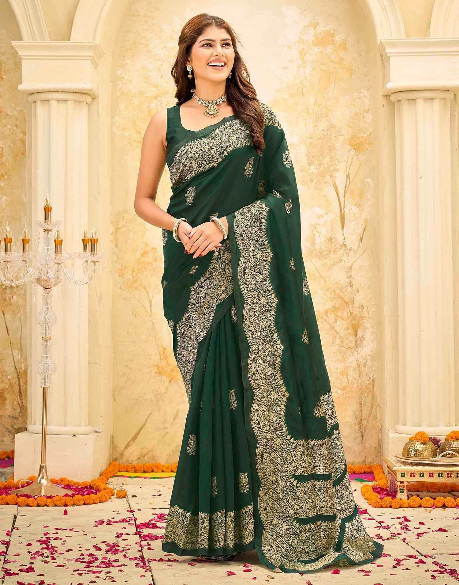 Dark Green Silk Woven Saree