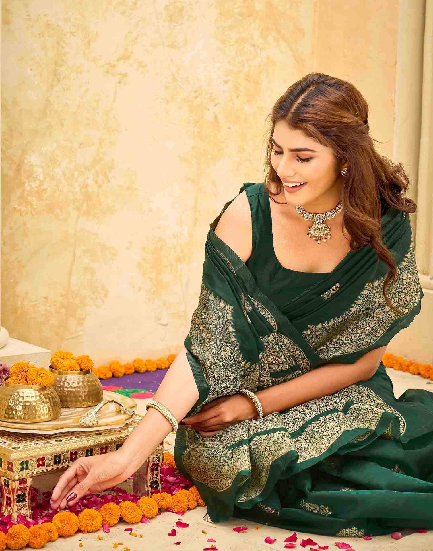 Dark Green Silk Woven Saree