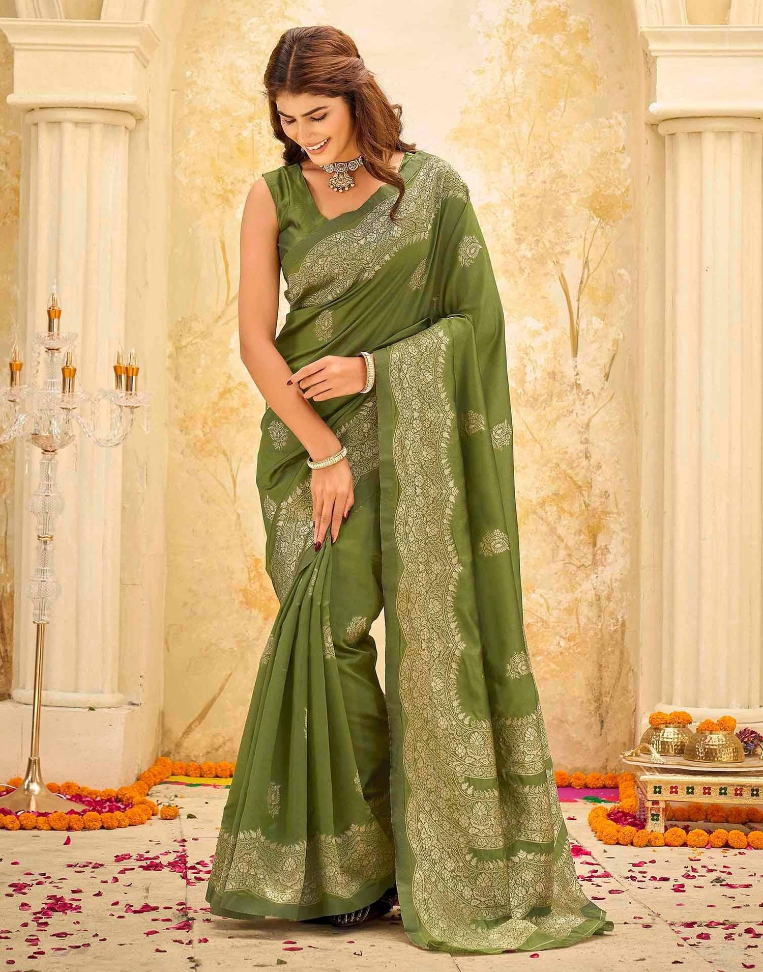 Mehndi Green Silk Woven Saree