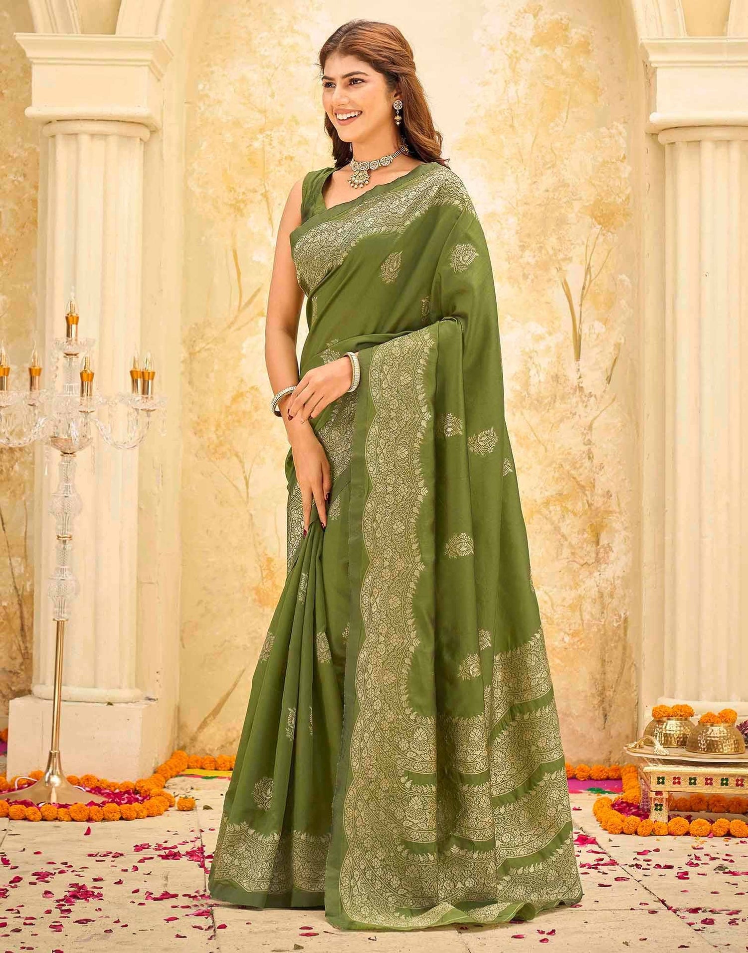 Mehndi Green Silk Woven Saree