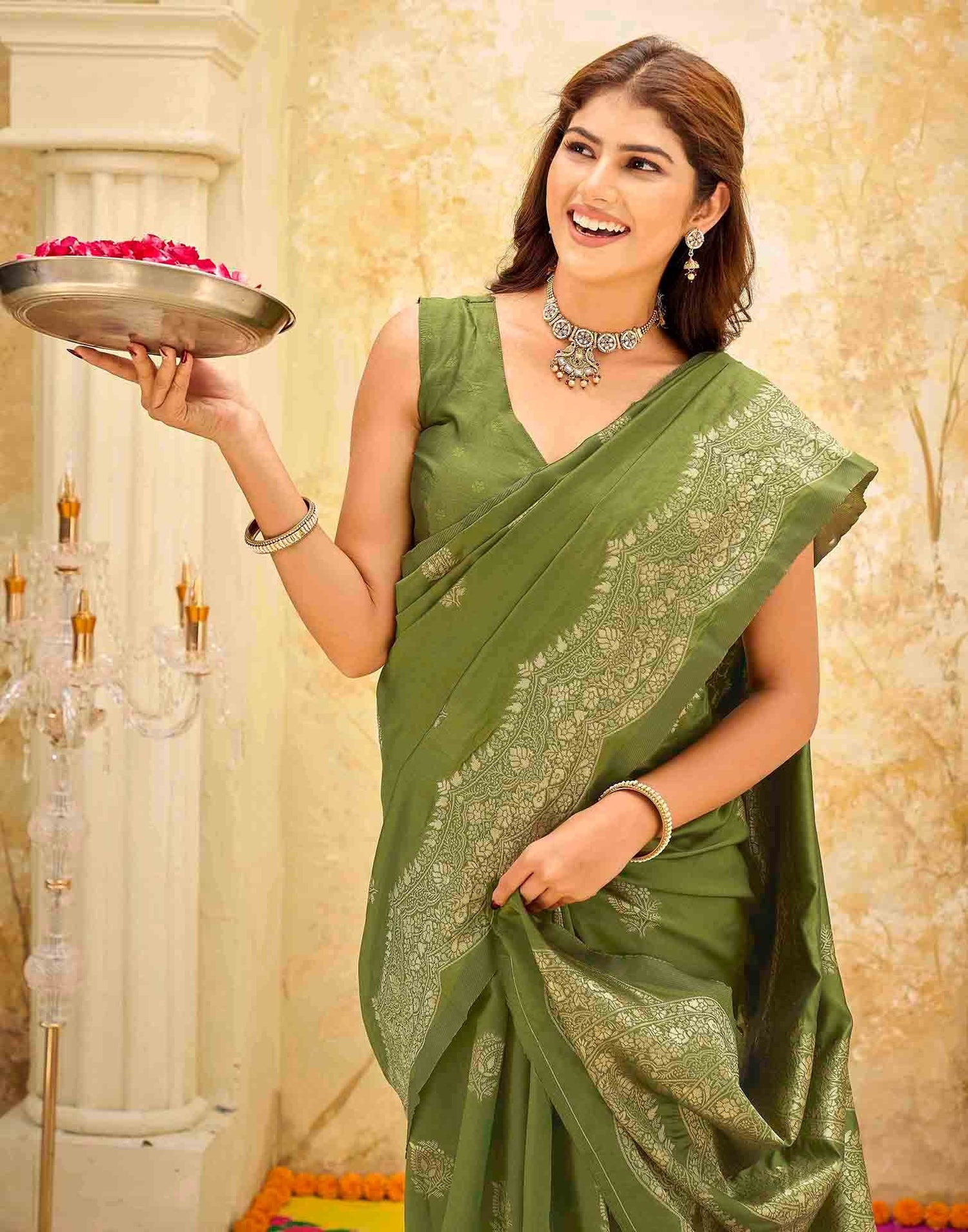 Mehndi Green Silk Woven Saree