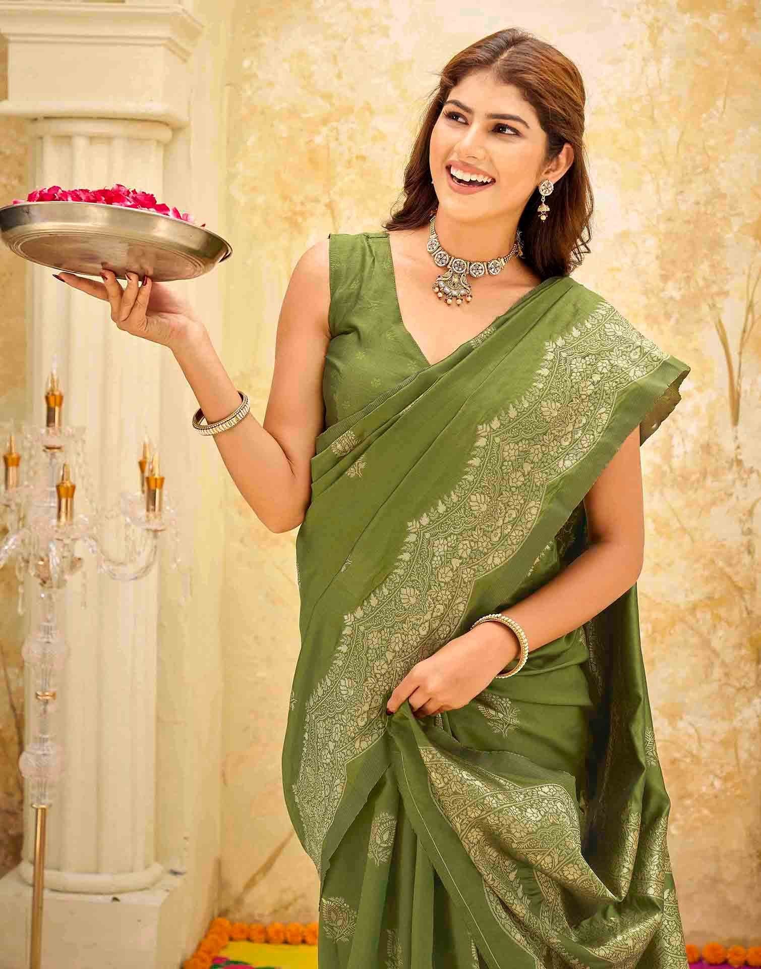Mehndi Green Silk Woven Saree