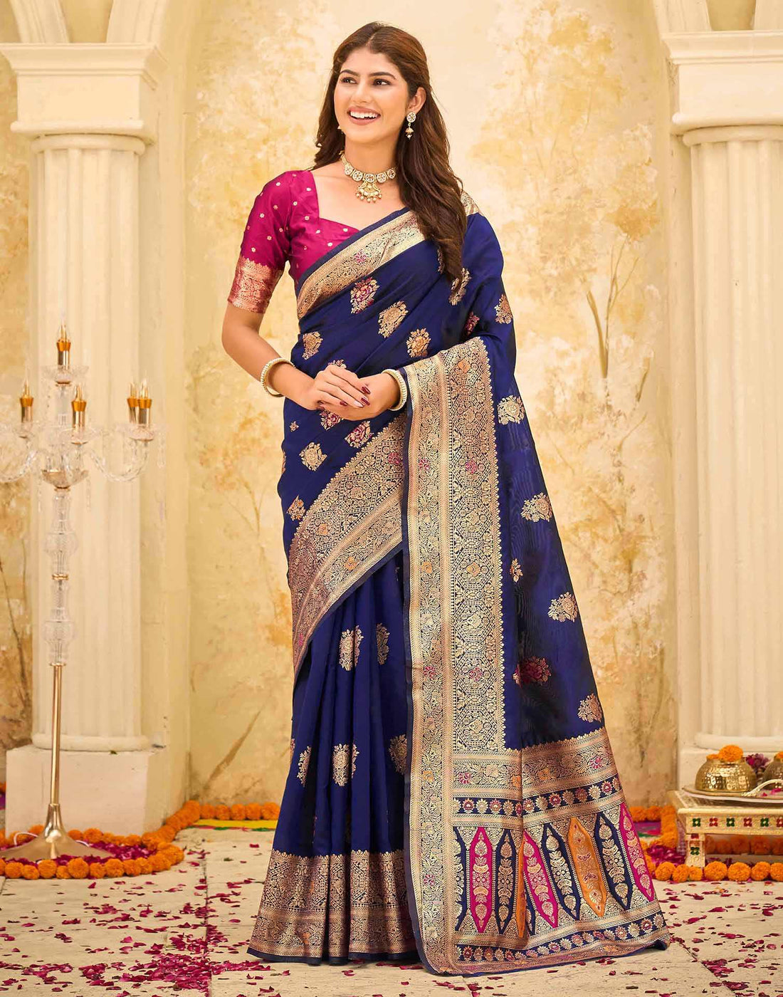 Navy Blue Silk Woven Banarasi Saree