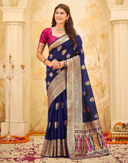 Navy Blue Silk Woven Banarasi Saree