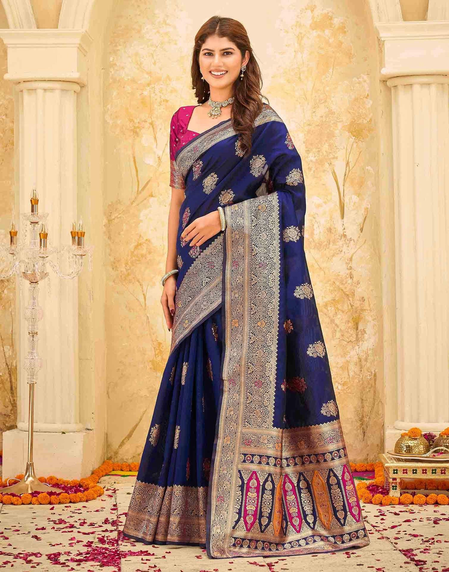 Navy Blue Silk Woven Banarasi Saree