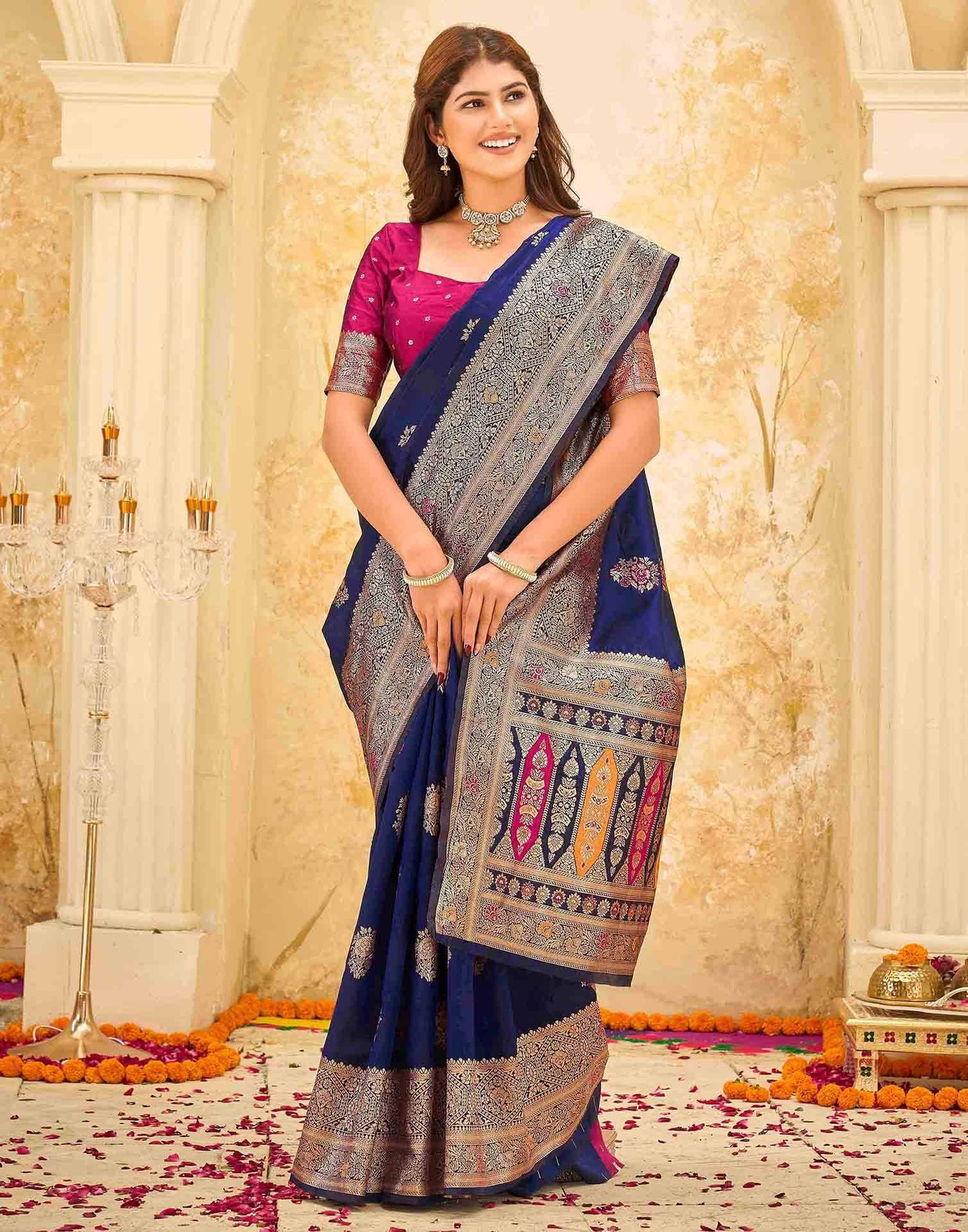 Navy Blue Silk Woven Banarasi Saree