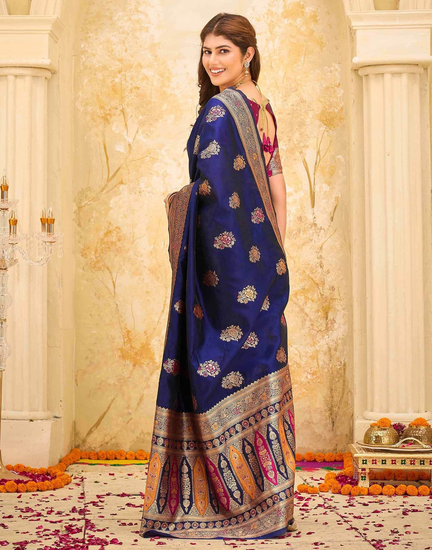 Navy Blue Silk Woven Banarasi Saree