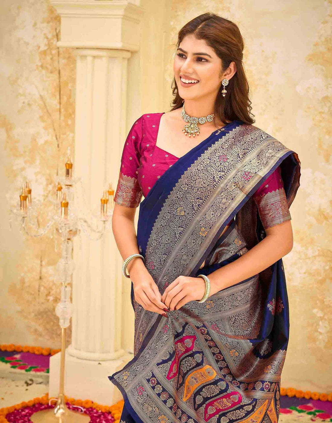 Navy Blue Silk Woven Banarasi Saree