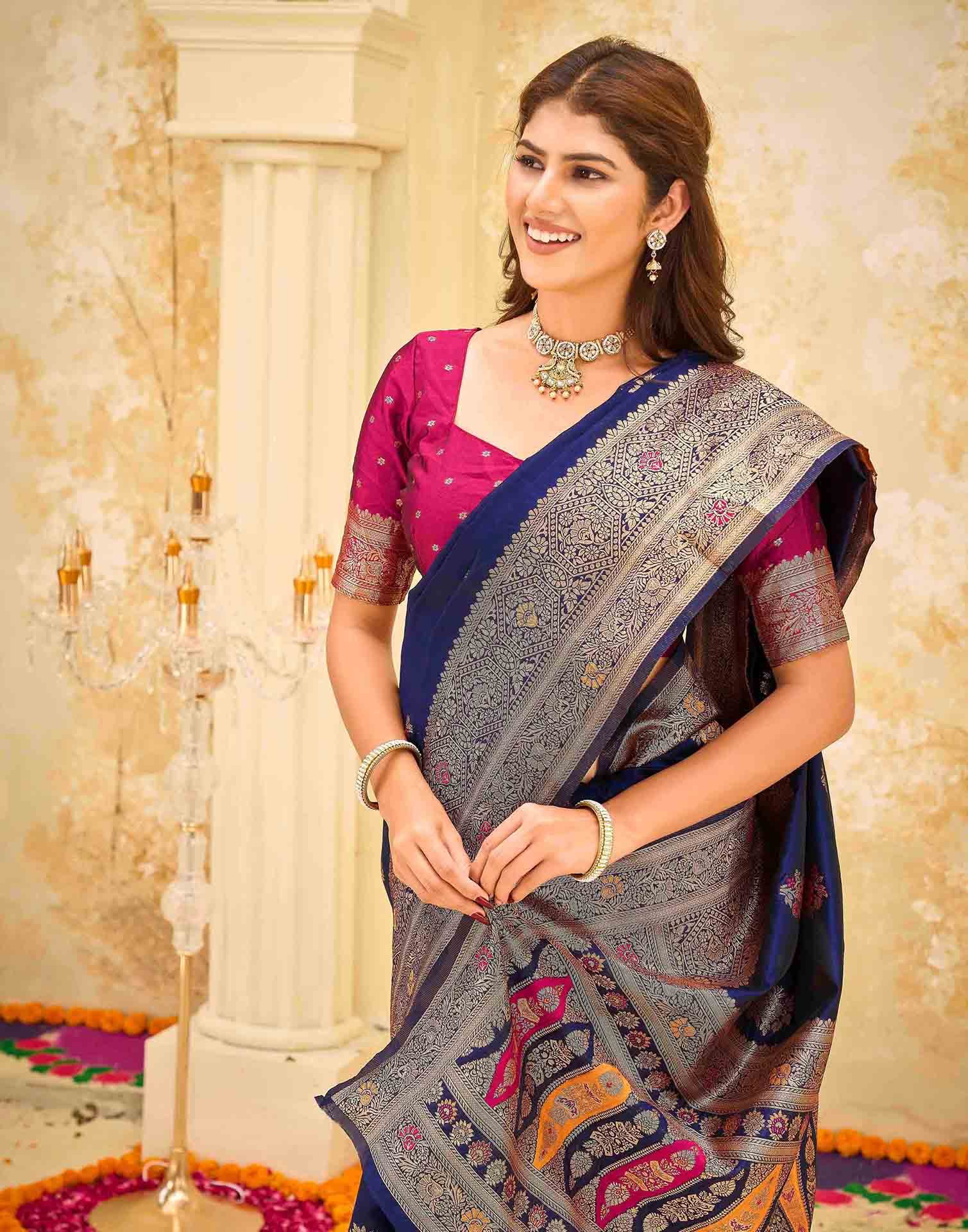 Navy Blue Silk Woven Banarasi Saree