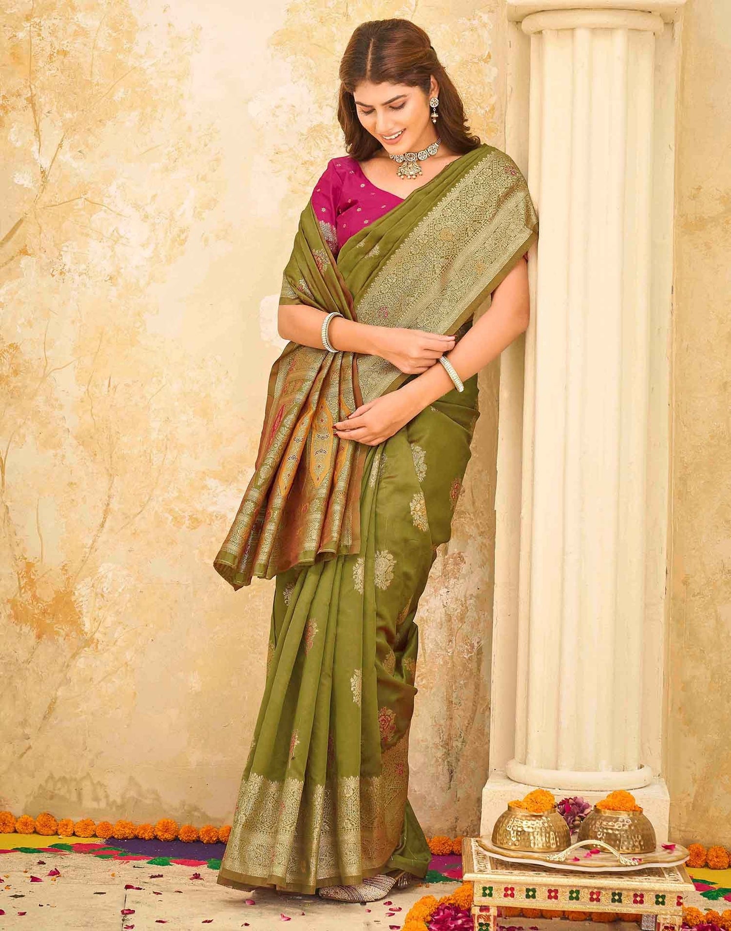 Moss Green Silk Woven Banarasi Saree
