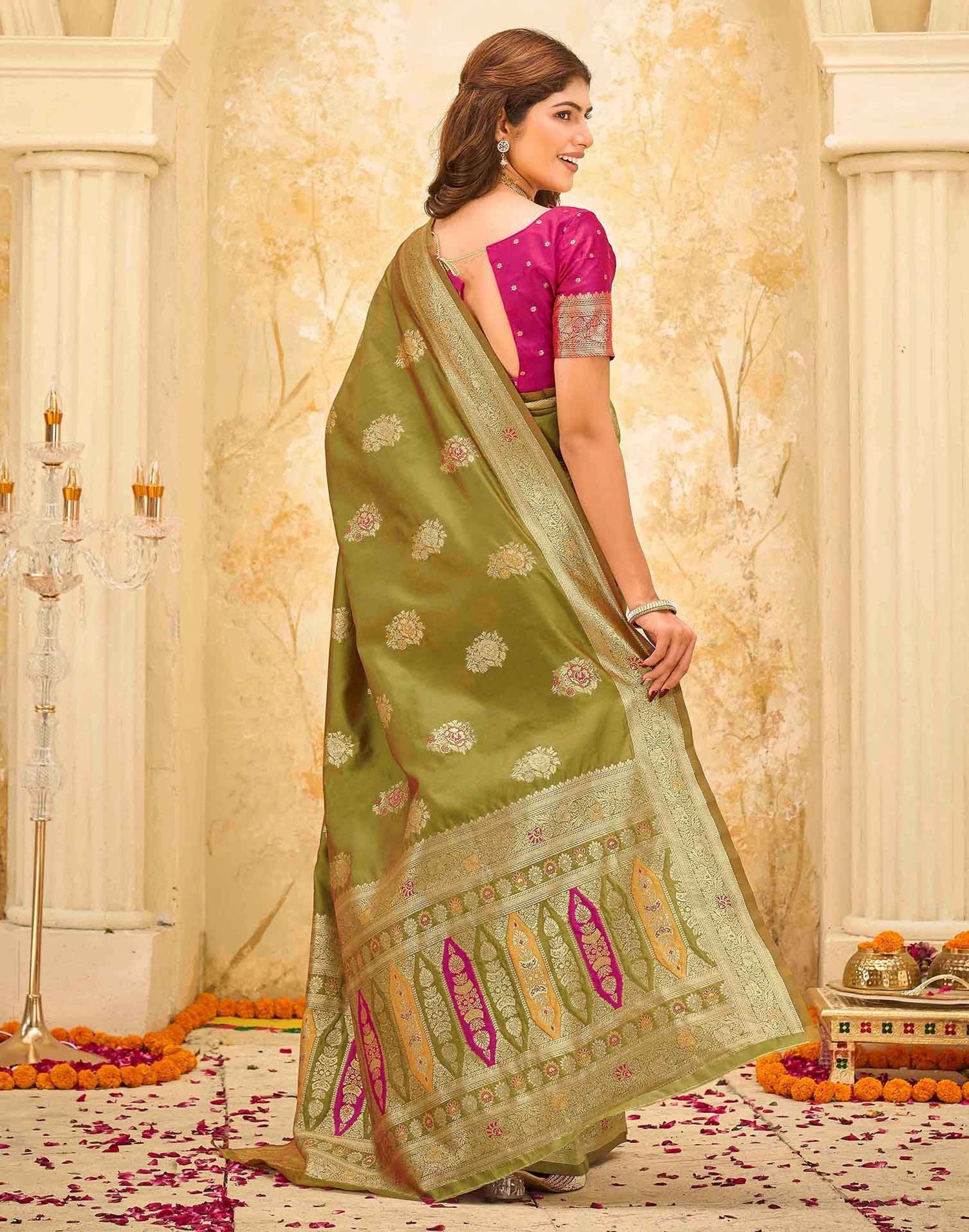 Moss Green Silk Woven Banarasi Saree