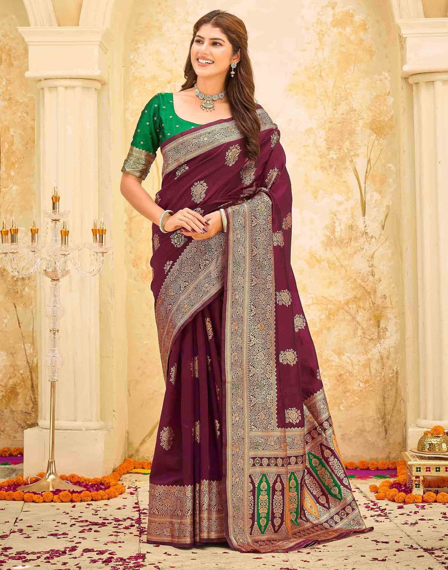 Maroon Silk Woven Banarasi Saree