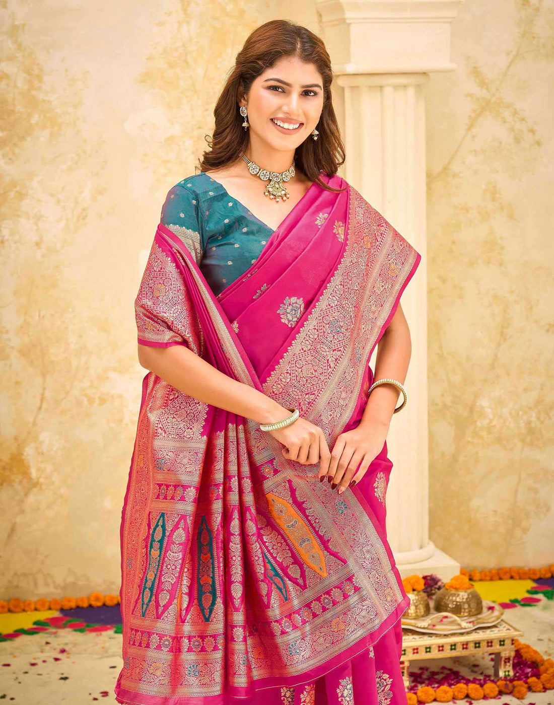 Rani Pink Silk Woven Banarasi Saree