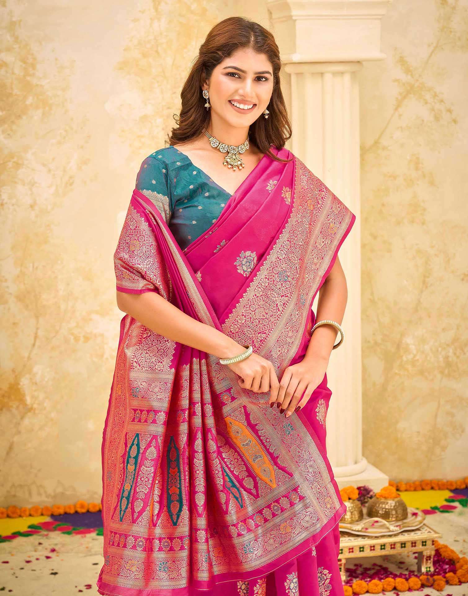 Rani Pink Silk Woven Banarasi Saree