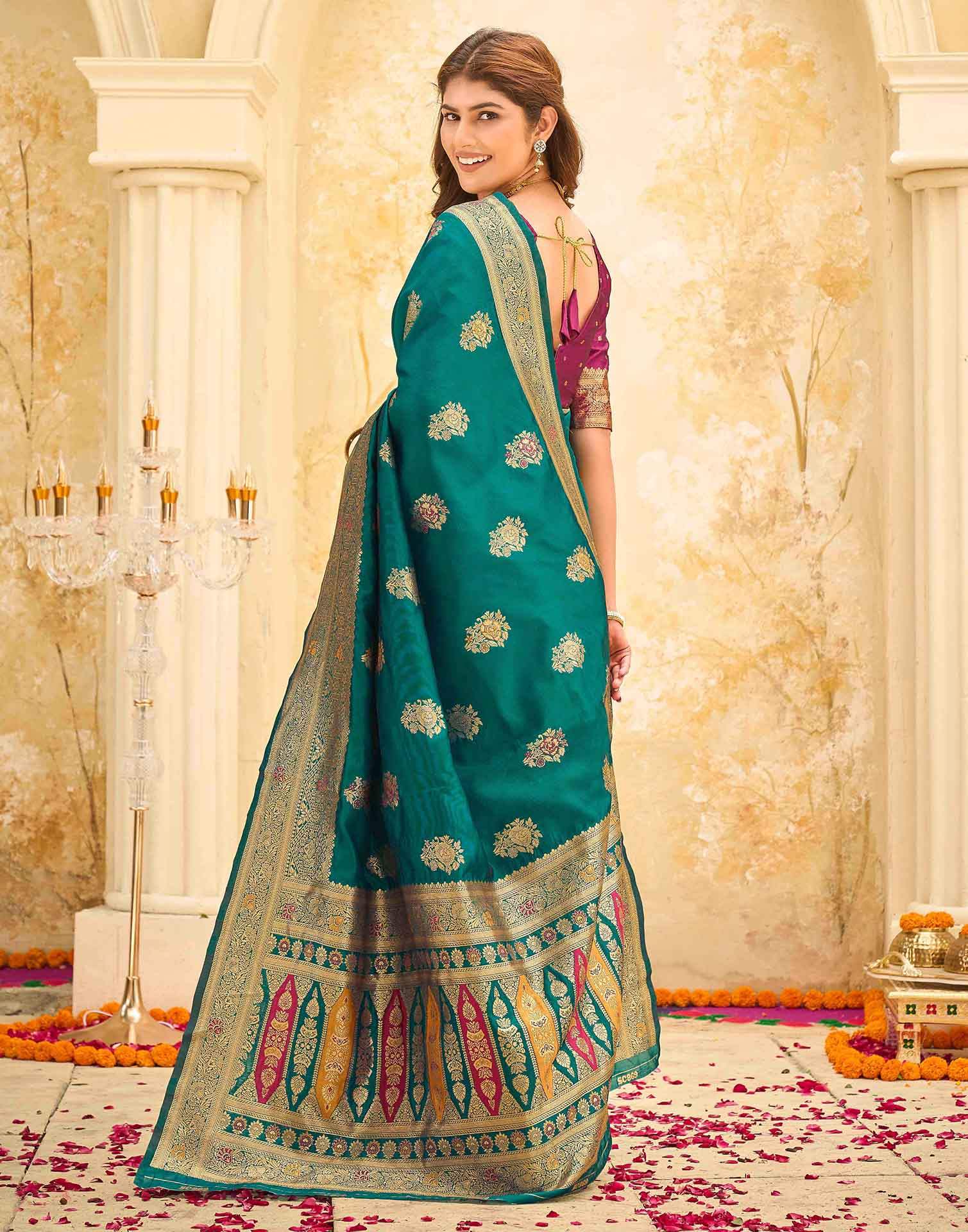 Teal Green Silk Woven Banarasi Saree