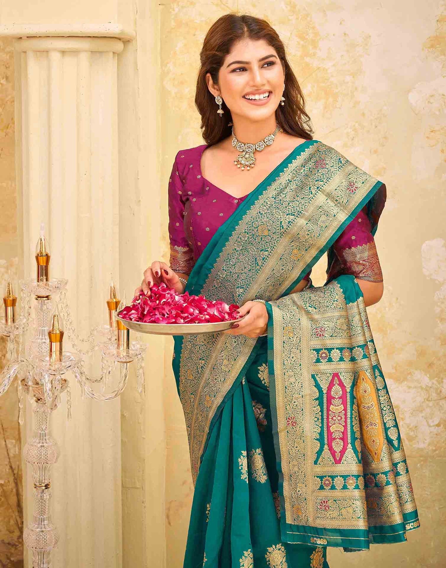Teal Green Silk Woven Banarasi Saree