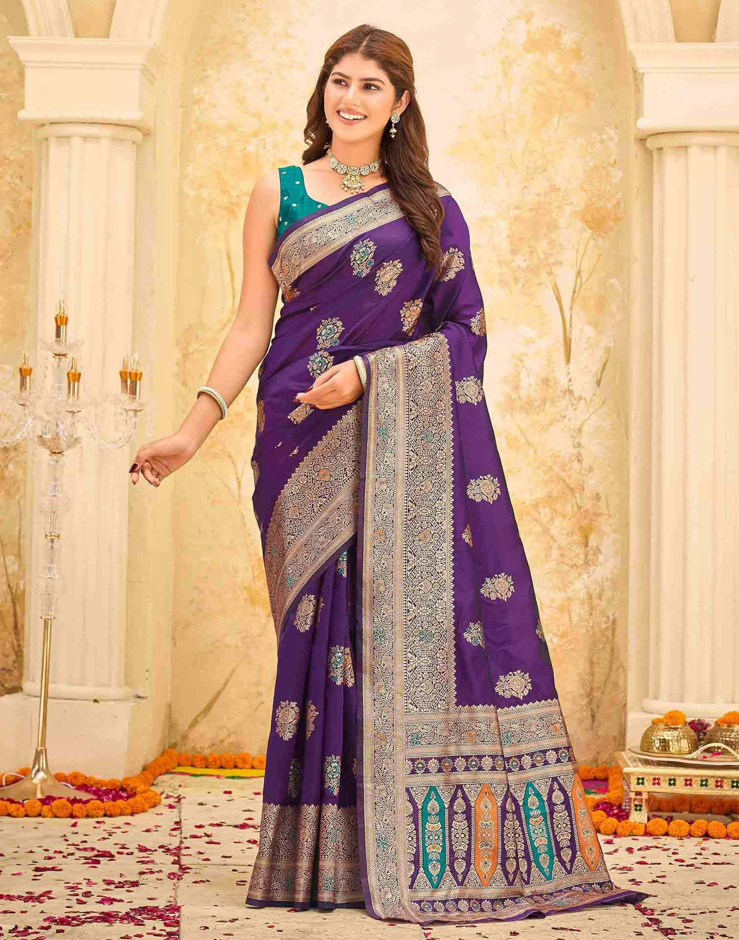Dark Purple Silk Woven Banarasi Saree