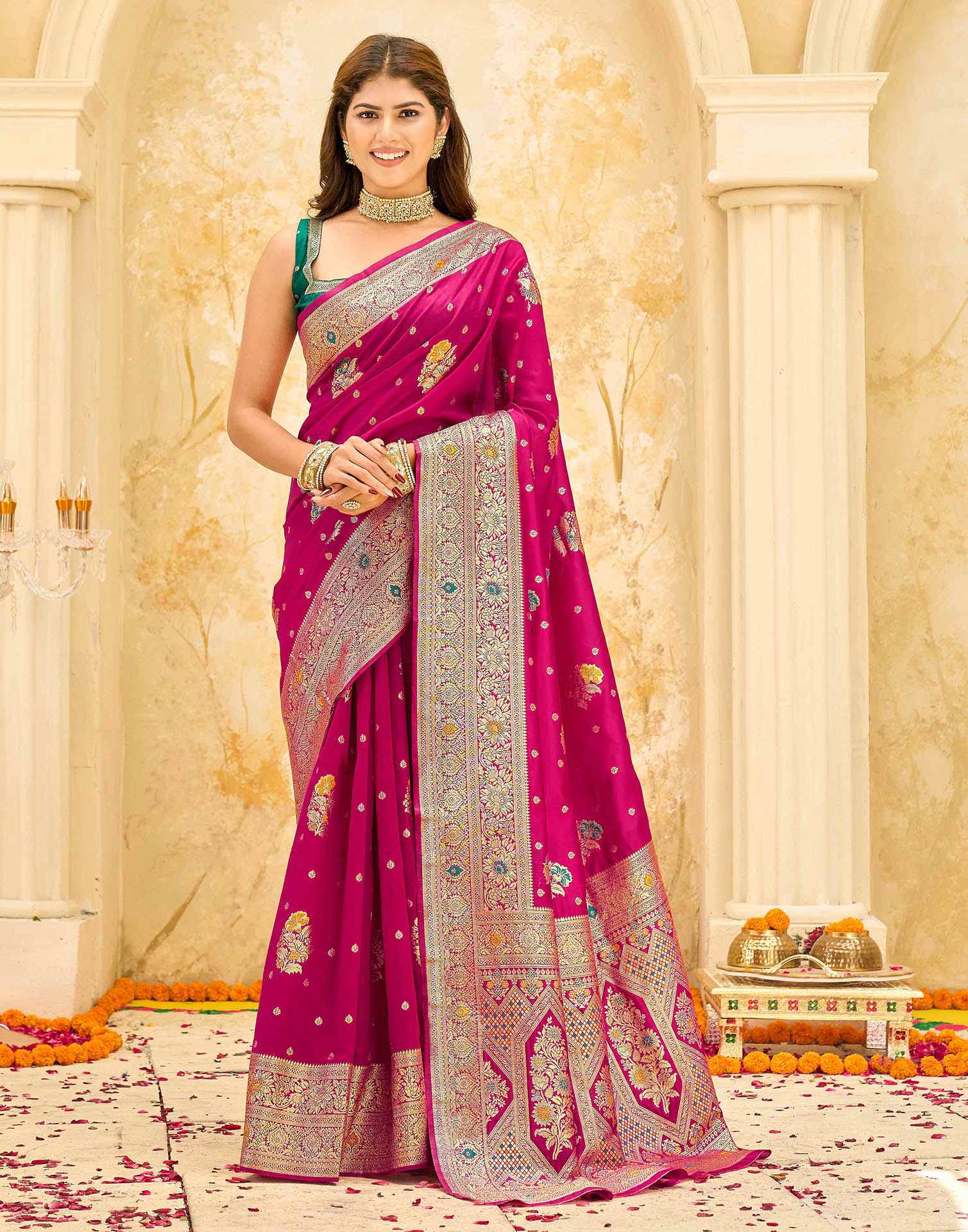 Pink Silk Woven Banarasi Saree