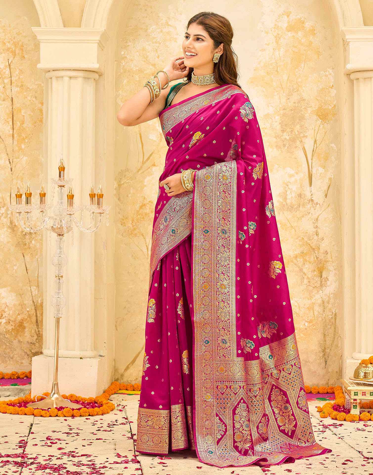 Pink Silk Woven Banarasi Saree