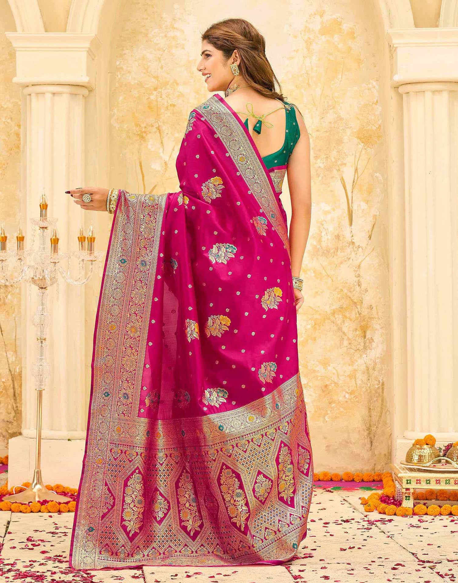 Pink Silk Woven Banarasi Saree