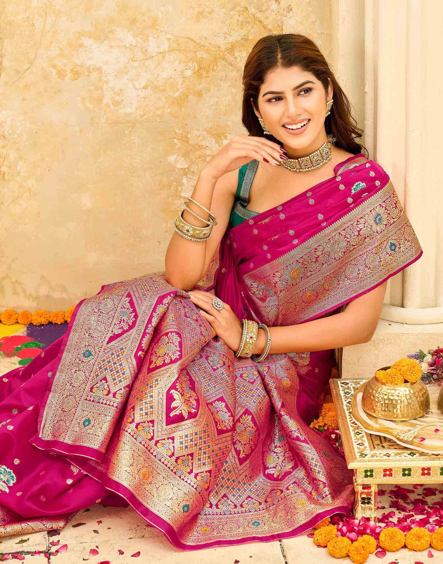 Pink Silk Woven Banarasi Saree