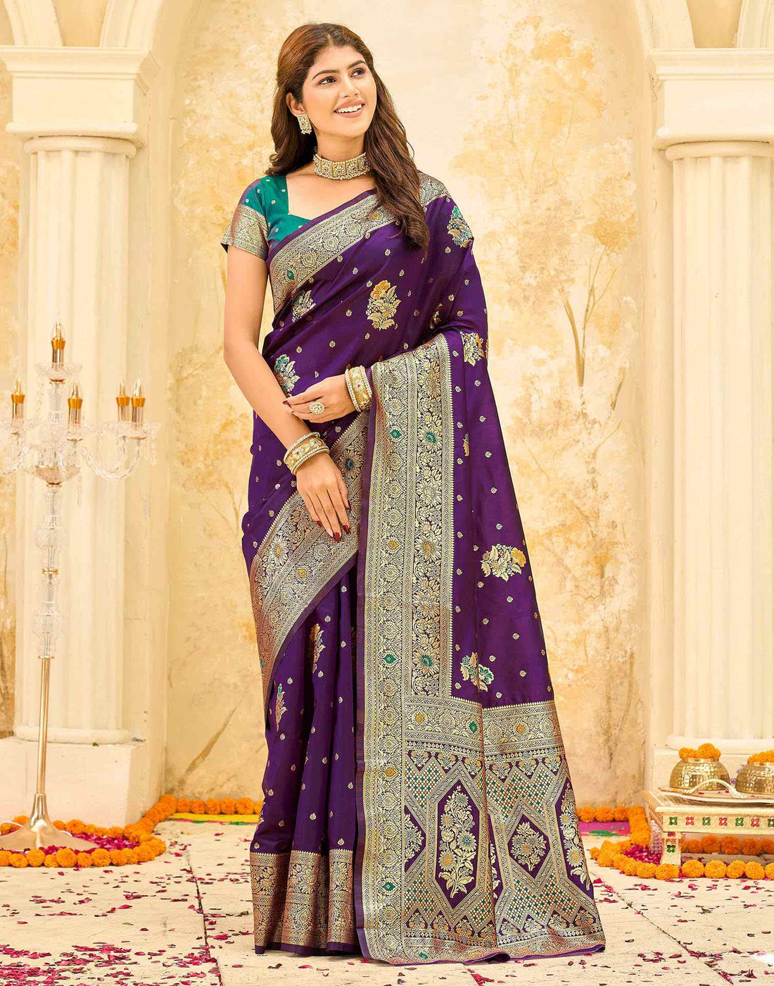 Dark Purple Silk Woven Banarasi Saree