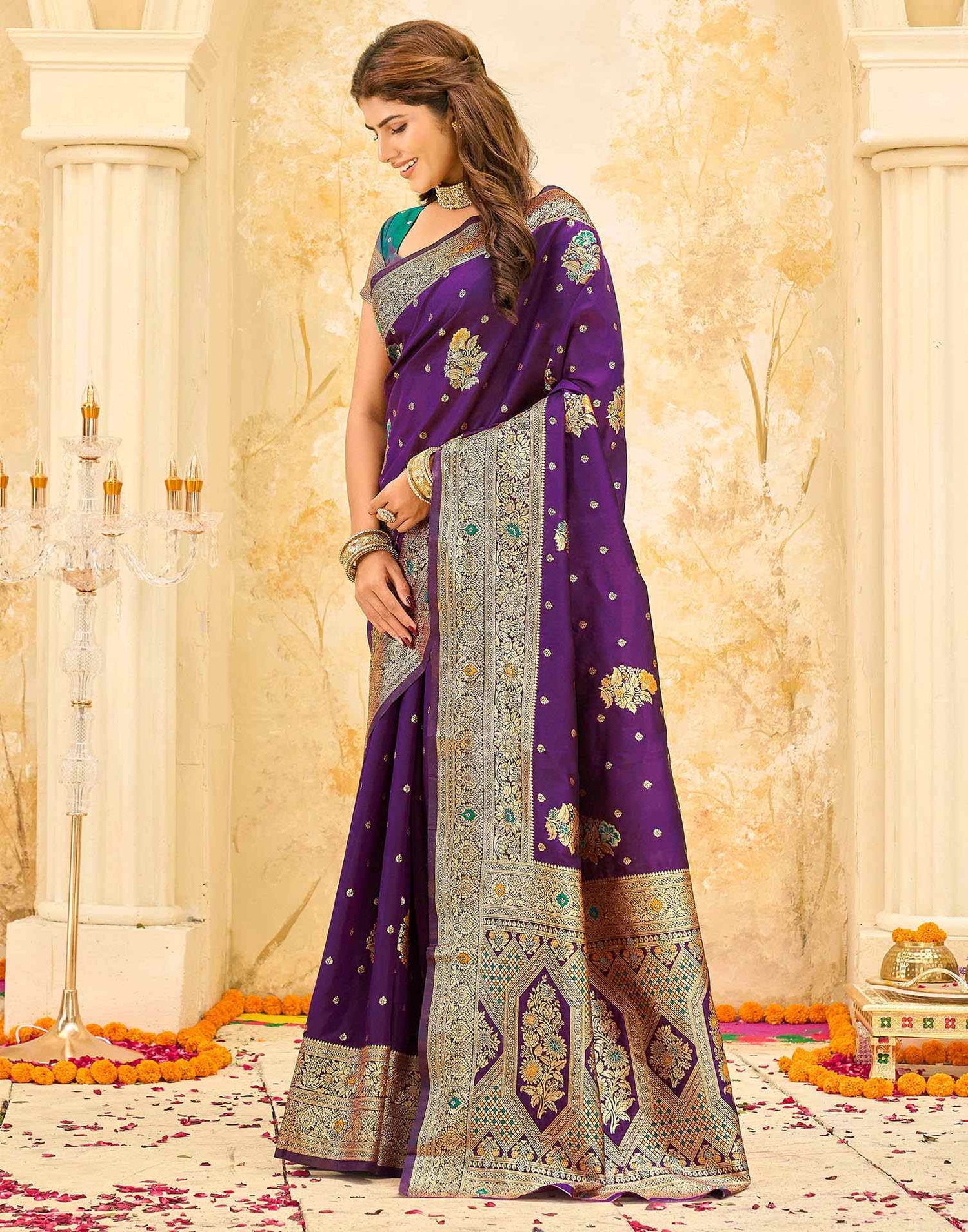Dark Purple Silk Woven Banarasi Saree
