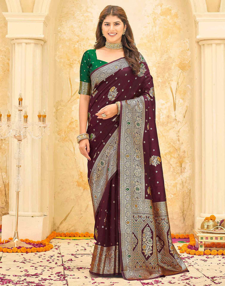 Maroon Silk Woven Banarasi Saree
