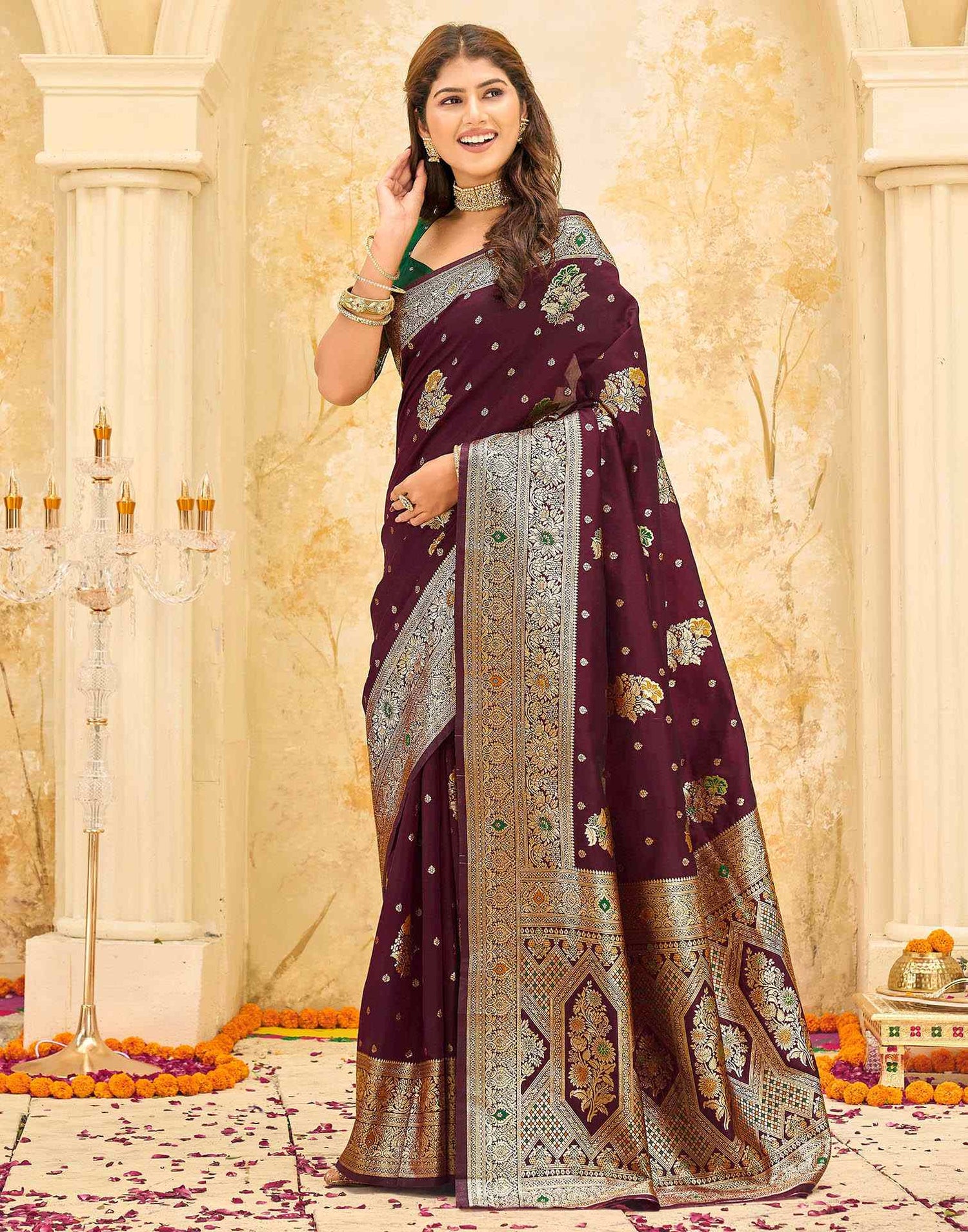 Maroon Silk Woven Banarasi Saree