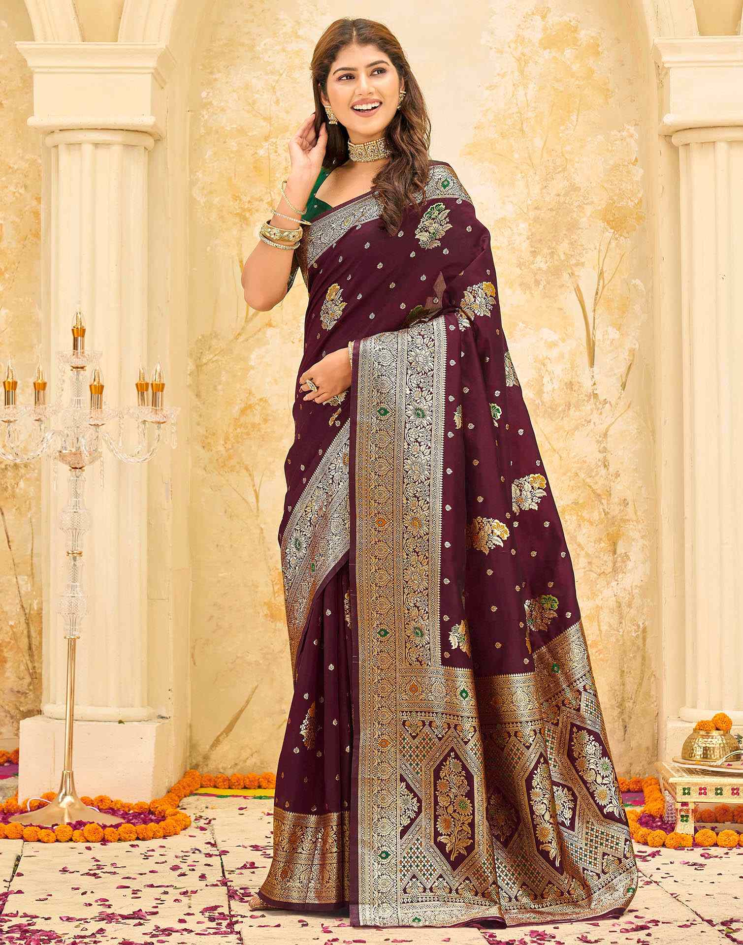 Maroon Silk Woven Banarasi Saree