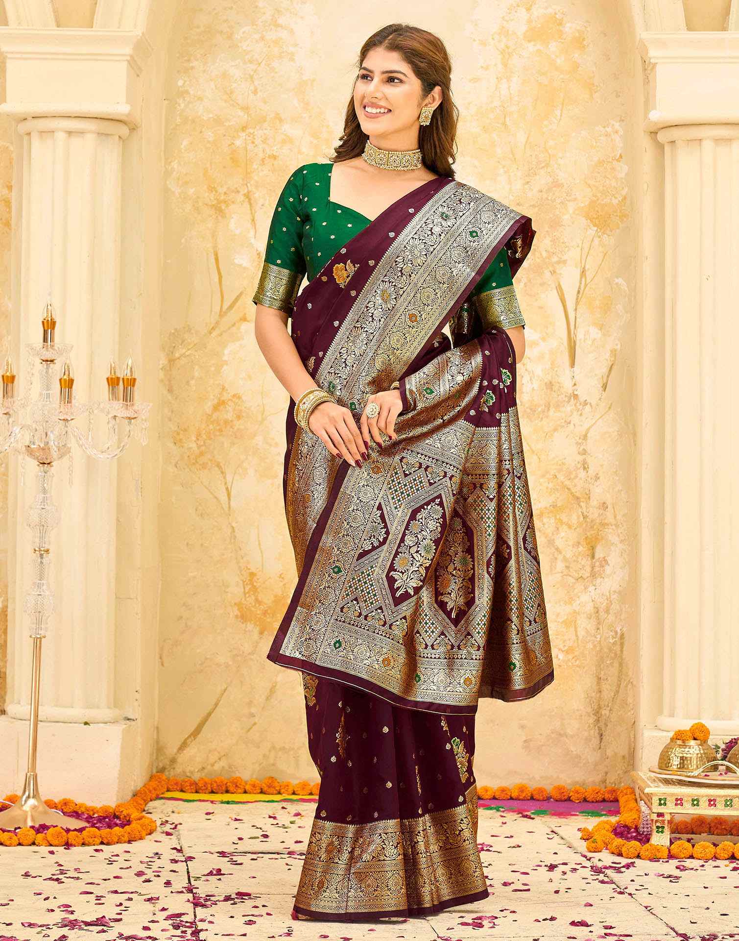 Maroon Silk Woven Banarasi Saree
