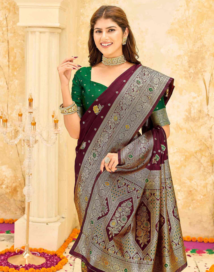 Maroon Silk Woven Banarasi Saree