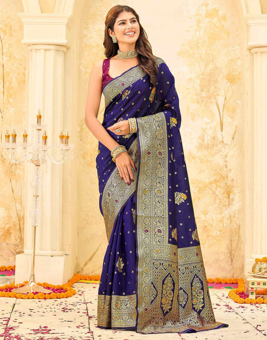 Navy Blue Silk Woven Banarasi Saree