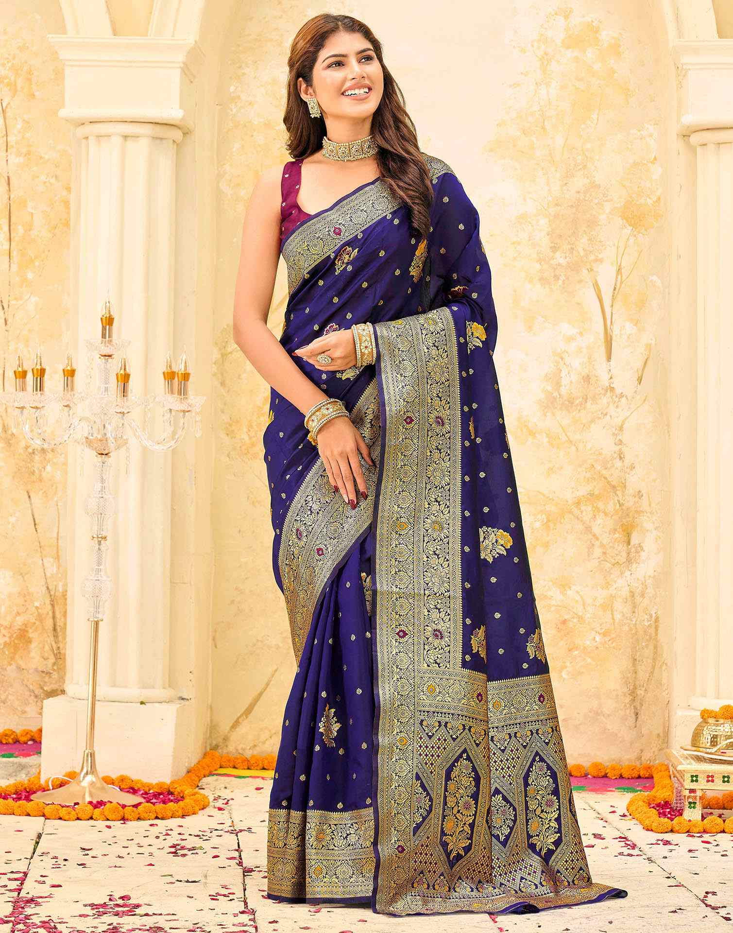 Navy Blue Silk Woven Banarasi Saree