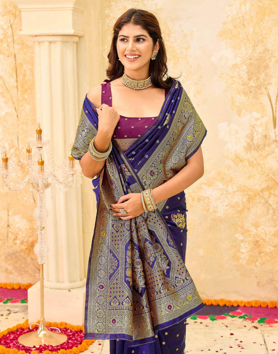 Navy Blue Silk Woven Banarasi Saree
