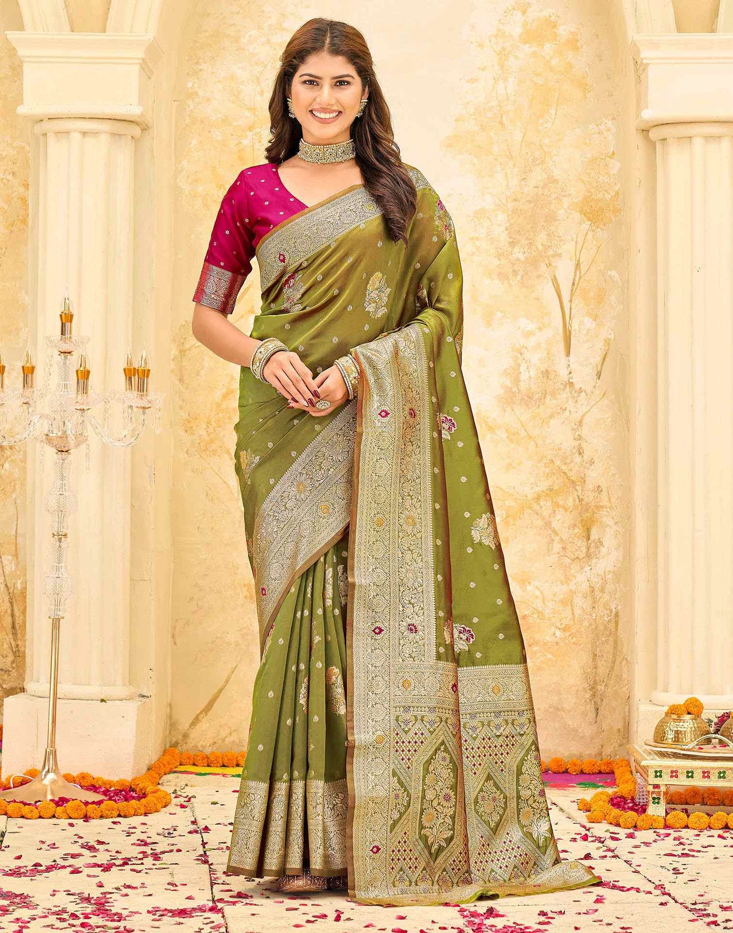 Mehndi Green Silk Woven Banarasi Saree