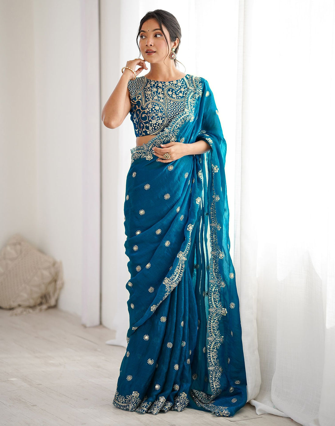 Teal Blue Shimmer Sequence Embroidery  Saree