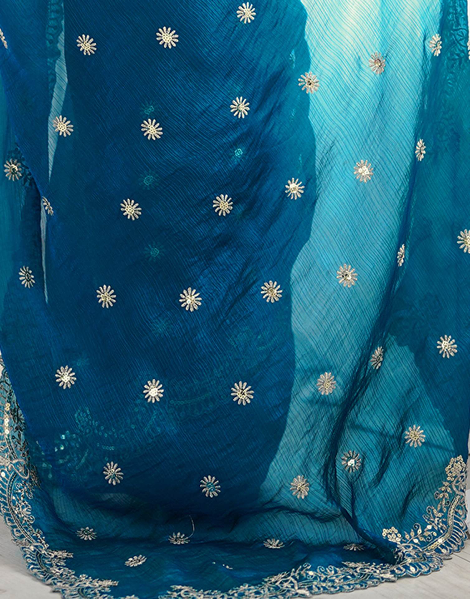 Teal Blue Shimmer Sequence Embroidery  Saree