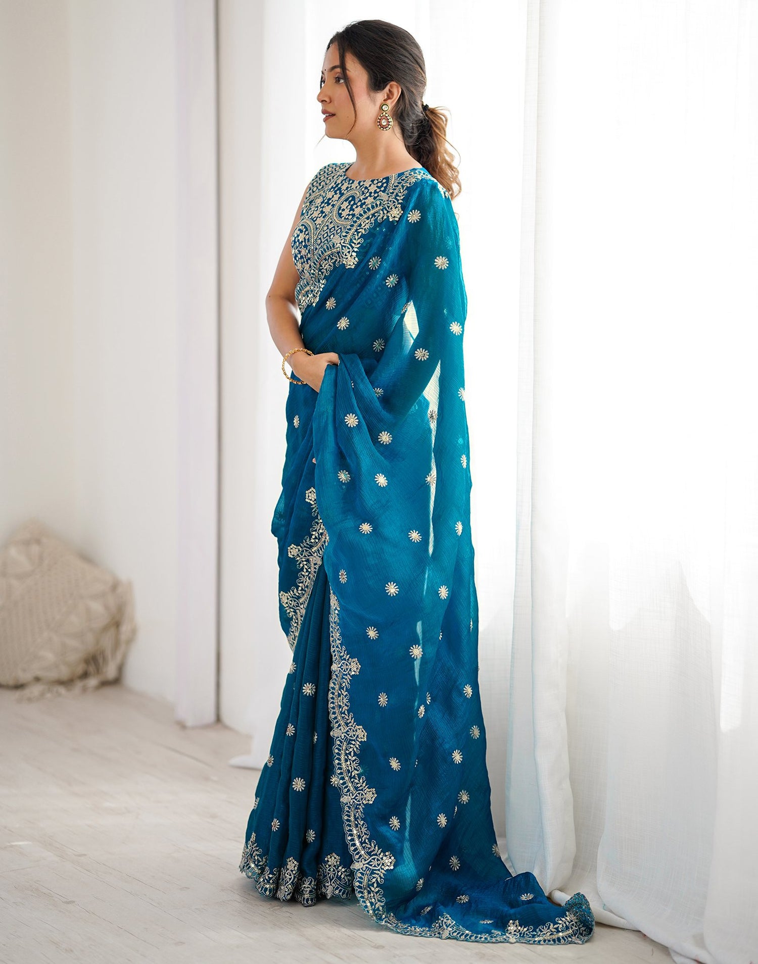 Teal Blue Shimmer Sequence Embroidery  Saree