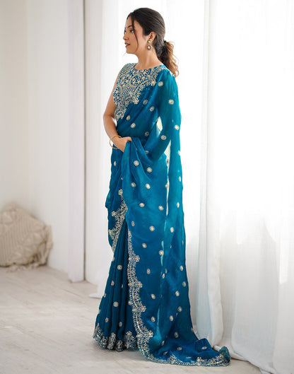 Teal Blue Shimmer Sequence Embroidery  Saree