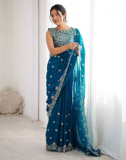 Teal Blue Shimmer Sequence Embroidery  Saree